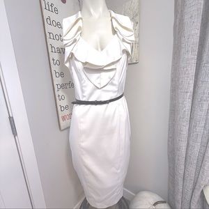 Evan Picone dress ivory satin ruffle with side zipper and belt